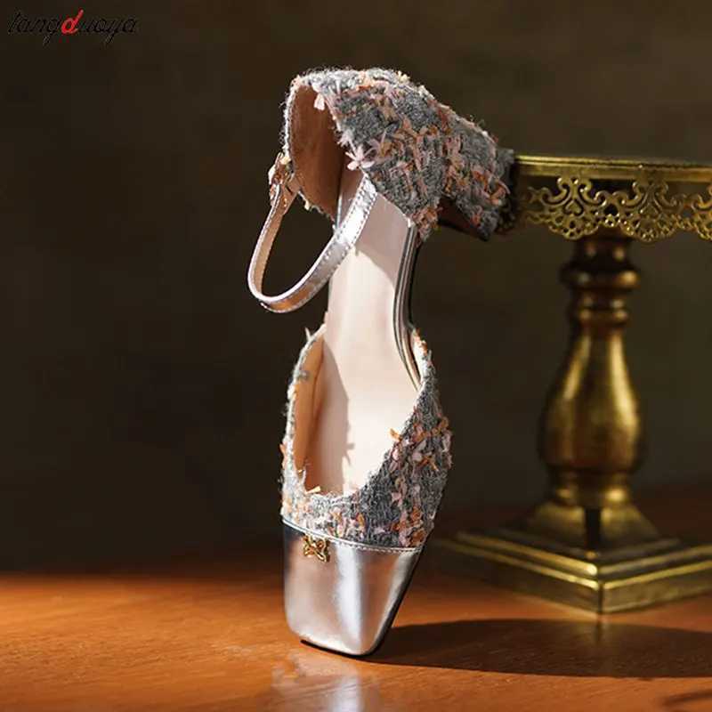 Gold Luxurious design Mary Jane shoes women New French square toe high heels Classic Ankle Buckle Dress Party Shoes Women SandalLX241014