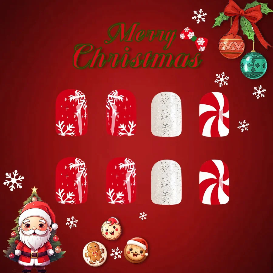 Christmas Nail Art Press-On Nails Set Short Squre Nail with Holiday Elements Removable Santa Snowflake Pattern Manicure Kit 241014