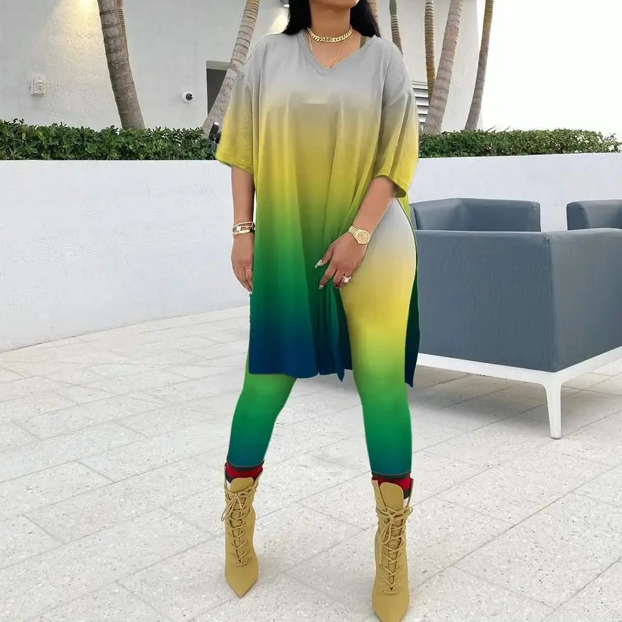 Plus size tie dye print set womens long shirt two-piece pants set casual sweater summer womens clothing 240930