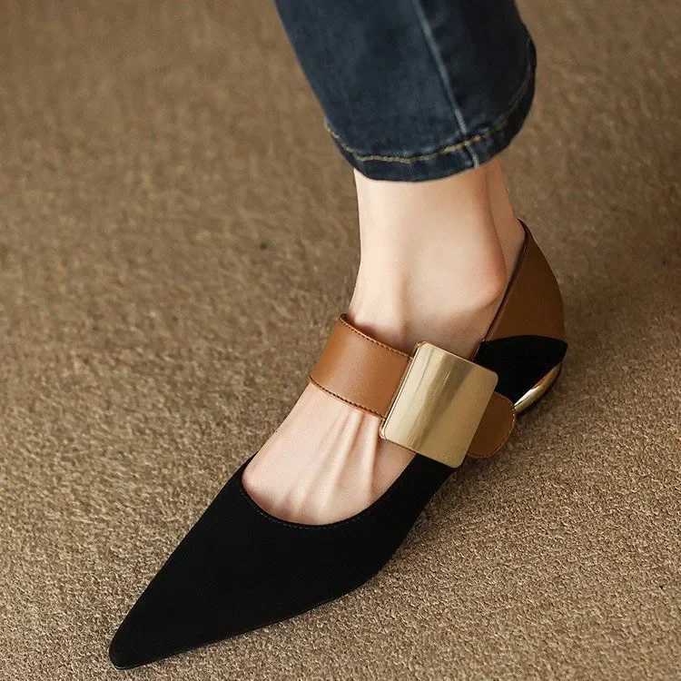 Women Nature Suede High Thick Heels SmallHut New 2024 Spring Black Apricot Square Toe Pumps Elegant Lady Metal Decoration ShoesLX241014