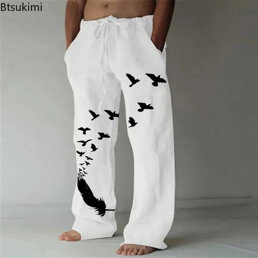 2024 Mens Casual Pants Pocket n Linen Drawstring Loose Trouser Plus Size Fashion Birds Feather Print Sweatpants 240930
