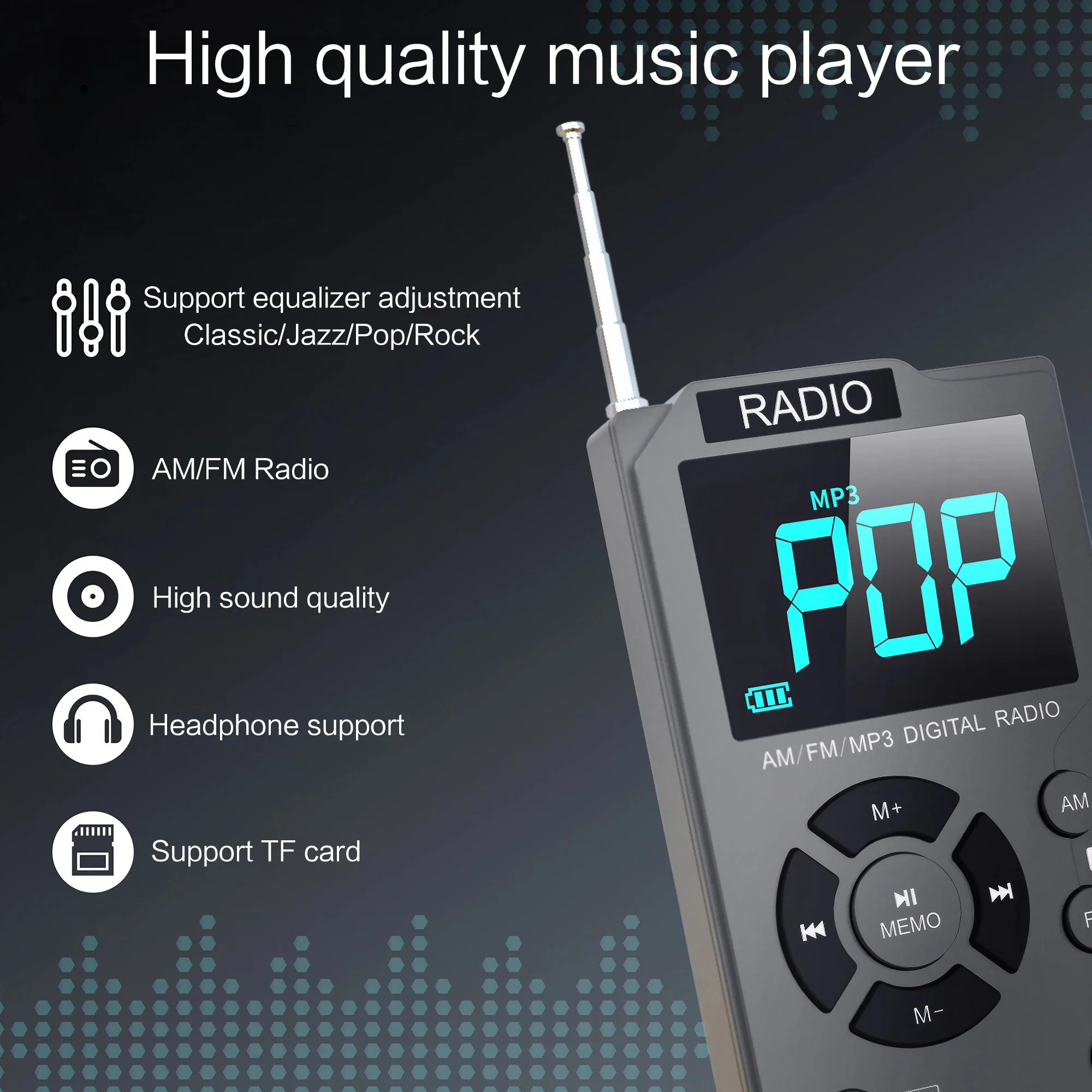 AM/FM, MP3 Support TF Card Expansion, EQ Adjustment, Telescopic Antenna, USB-C Fast Charging Real-time Display of Power Supply