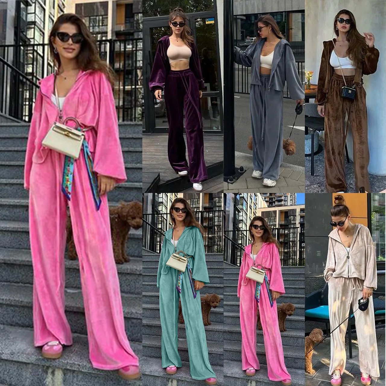 Solid Color Velvet Pants Sets Women Fashion Zipper Hoodie High Waist Drawstring Trousers Two Piece Set Female Autumn Winter 241008