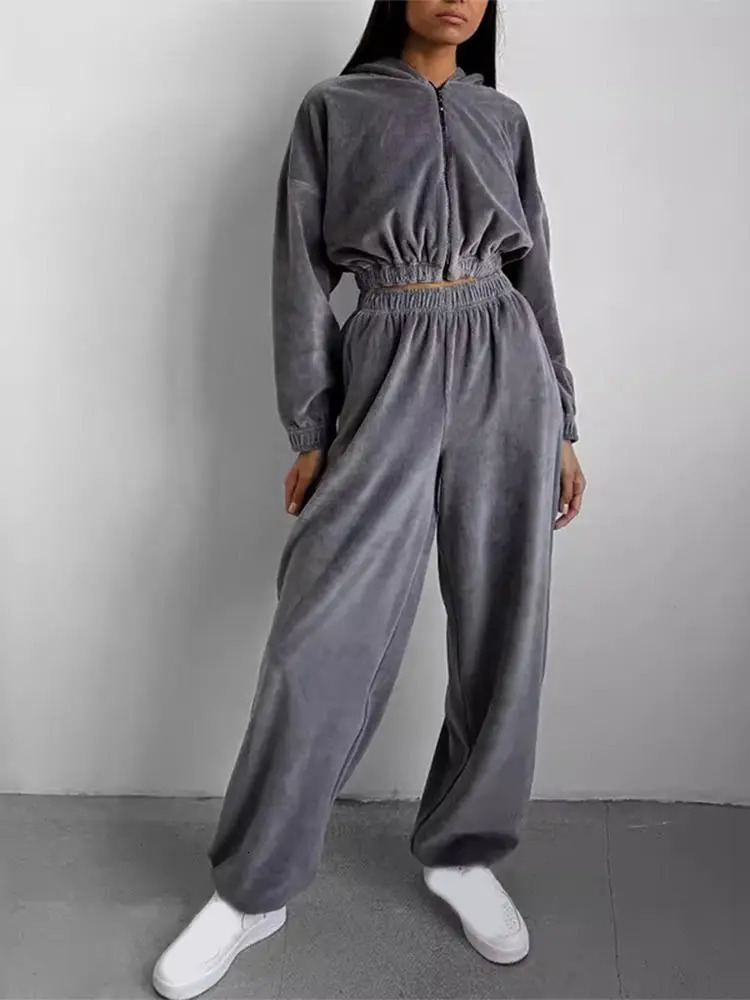 2024 Autumn Winter Fashion Hoodies Pants Suits Elegant Cotton Solid Zipper Cardigan Oversized Trousers Set Female Warm Outerwear 241010