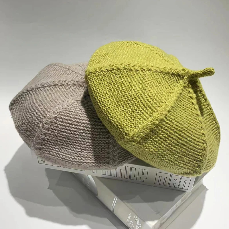 Fashion Solid Color Warm Knitted Autumn Winter Women Girl Beret French Artist Beanie Hat for Lady Soft Simple Retro Cap 241009