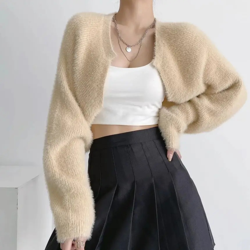 Fuzzy Bolero Shrug for Women Mohair Knit Long Sleeve Open Front Plain Cropped Cardigan Sweater Teengirl Y2K 90s Outfit 241011