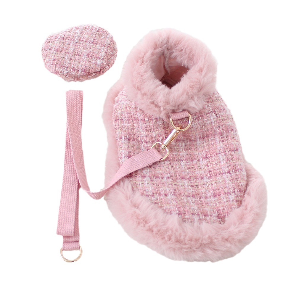 Small dog pink cloak chic designer puppy clothes winter warm dog clothes with leash hat