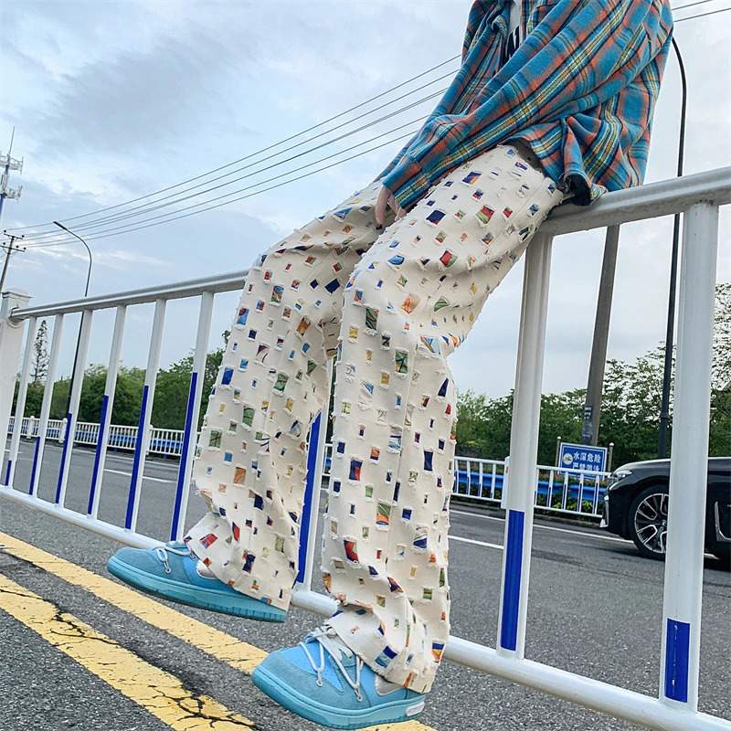 Spring break mens loose casual elastic waist cargo pants retro jacquard printed pants 241007