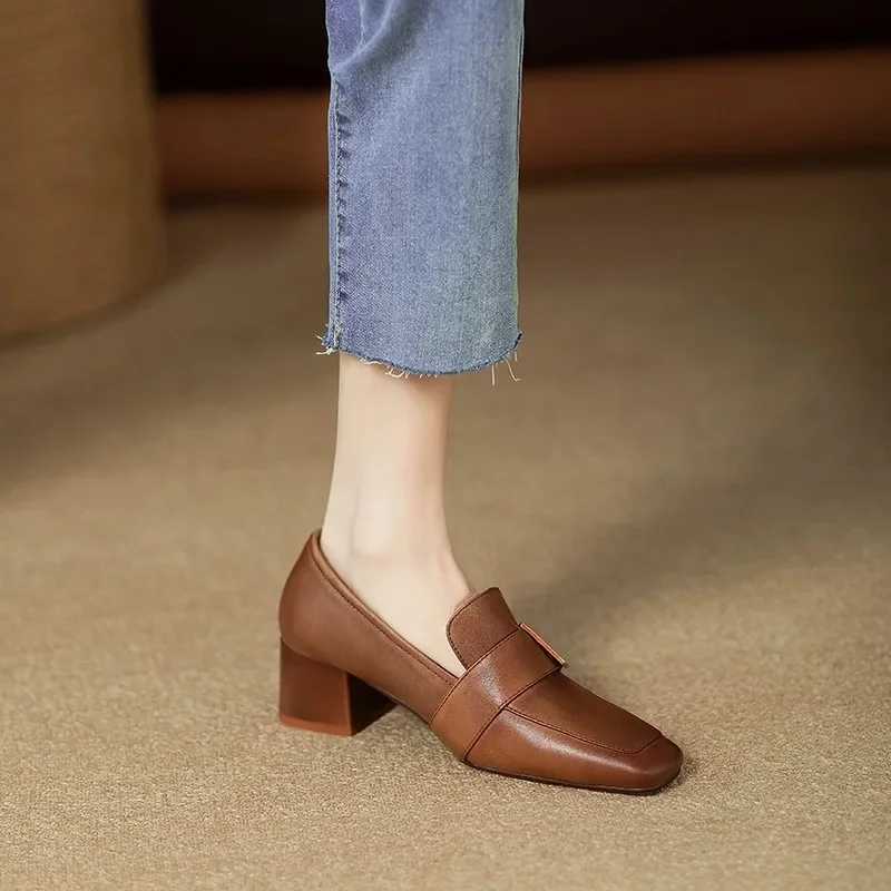 New Leather Women Fashion Pumps Square Toe Thick Heel Mary Jean Shoes Slip on Elegant Temperament Daily Shoes HandmadeLX241014