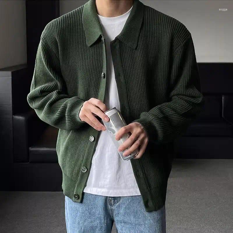 Mens Sweaters Korean Casual Spring Autumn Knitted Cardigan Coat Men Lapel Solid Versatile Loose Long Sleeve Navy Blue Heavy Jackets