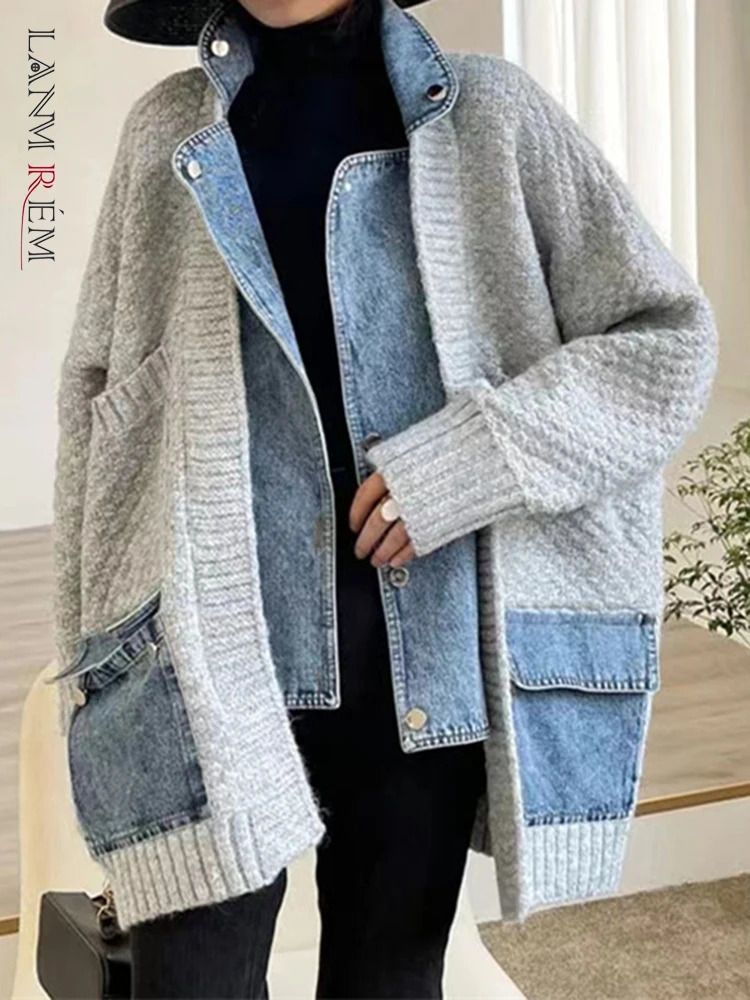 LANMREM Denim Patchwork Knitted Sweater Single Breasted Loose Irregular Cardigan Female Clothing Autumn Winter 2DA9204 241009