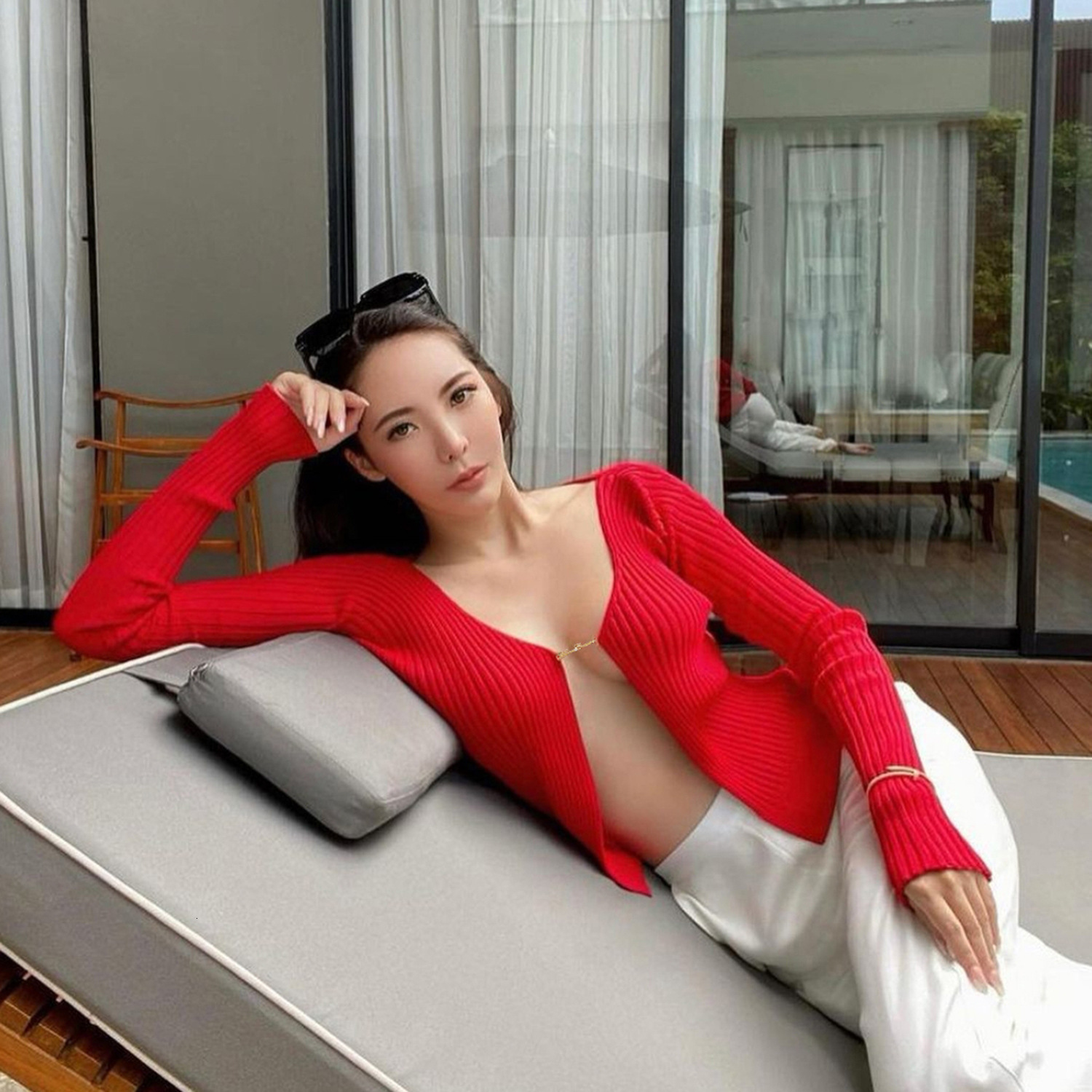 2024 autumn/winter hot selling sweater female sexy deep v gold label long sleeve knitted cardigan