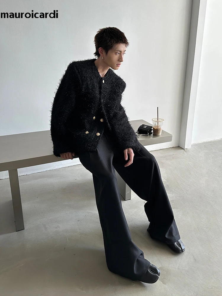 Mauroicardi Spring Autumn Elegant Chic Stylish Soft Woolen Jacket Men Shoulder Pads Double Breasted Clothes 2024 241011