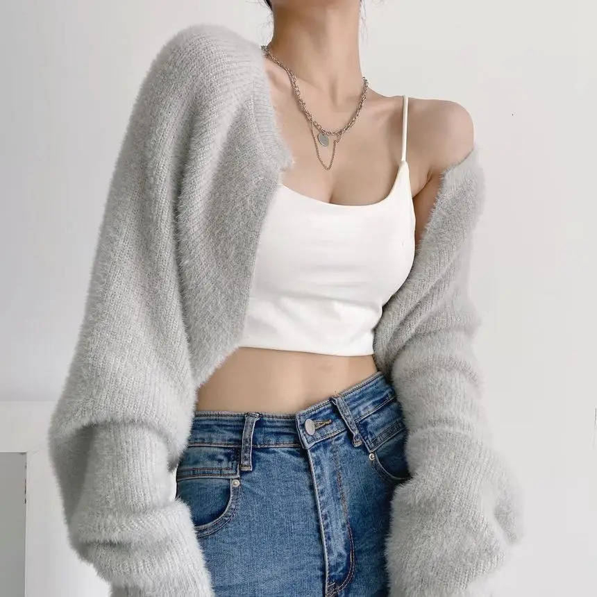 Fuzzy Bolero Shrug for Women Mohair Knit Long Sleeve Open Front Plain Cropped Cardigan Sweater Teengirl Y2K 90s Outfit 241011