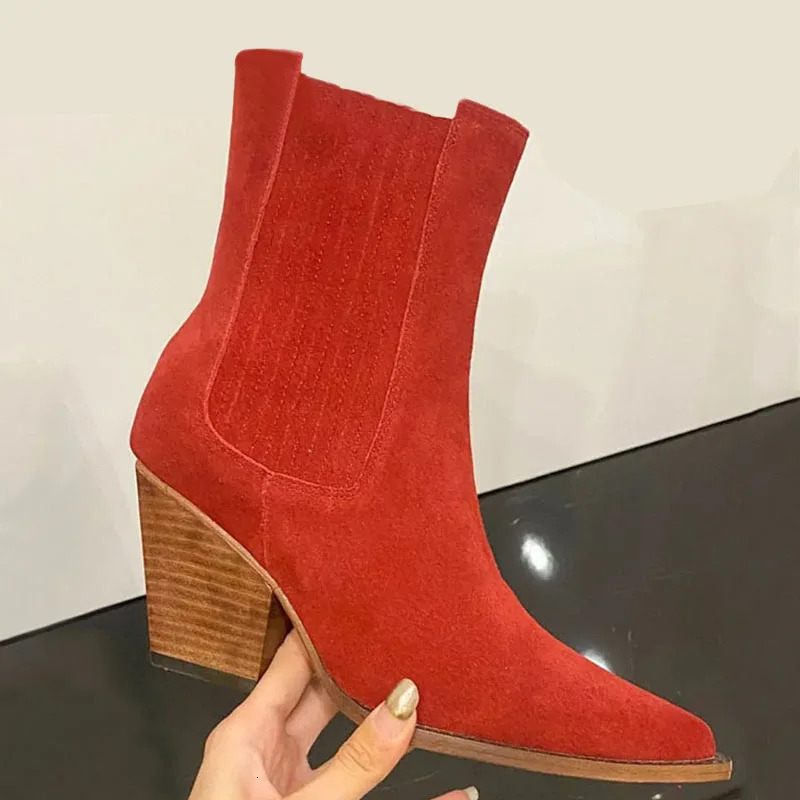 Arden Furtado 2024 Autumn Suede Tapered heel Short boots Pointed toe Patchwork Slip-on High heel Simple style Modern boots 241010