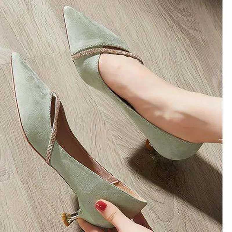One Word Oblique Strap New Low-heeled Shoes Womens All-match Small Fresh Rhinestone Pointed Shoes Zapatos De Mujer PumpsLX241014