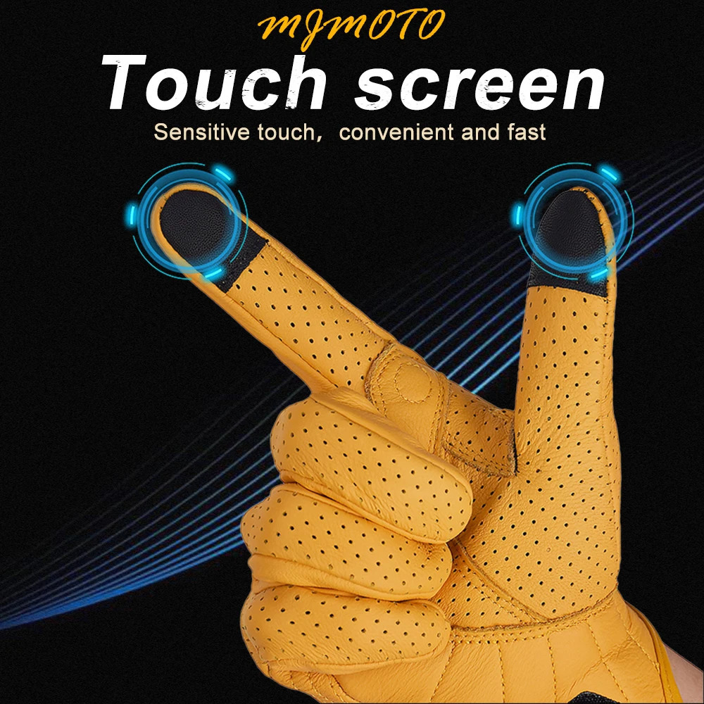 Retro yellow leather motorcycle gloves for men breathable racing touch screen offroad 241009