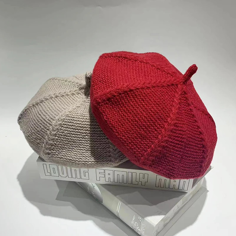 Fashion Solid Color Warm Knitted Autumn Winter Women Girl Beret French Artist Beanie Hat for Lady Soft Simple Retro Cap 241009