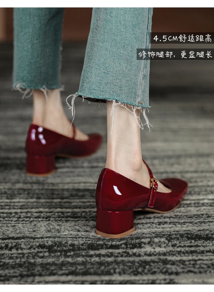 Red Black Mary Janes High Quality Leather Low Heel Dress Square Toe New Shallow Buckle Strap Womens Shoes 241014