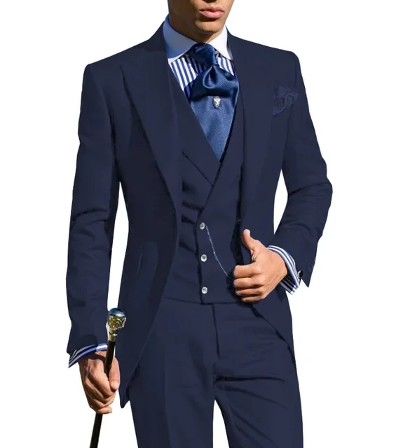 Business Suits for Men Slim Fit Long Jacket with Double Breasted Vest Custom Groom Tuxedo Wedding 3 Pcs Italian Style Tail Coat