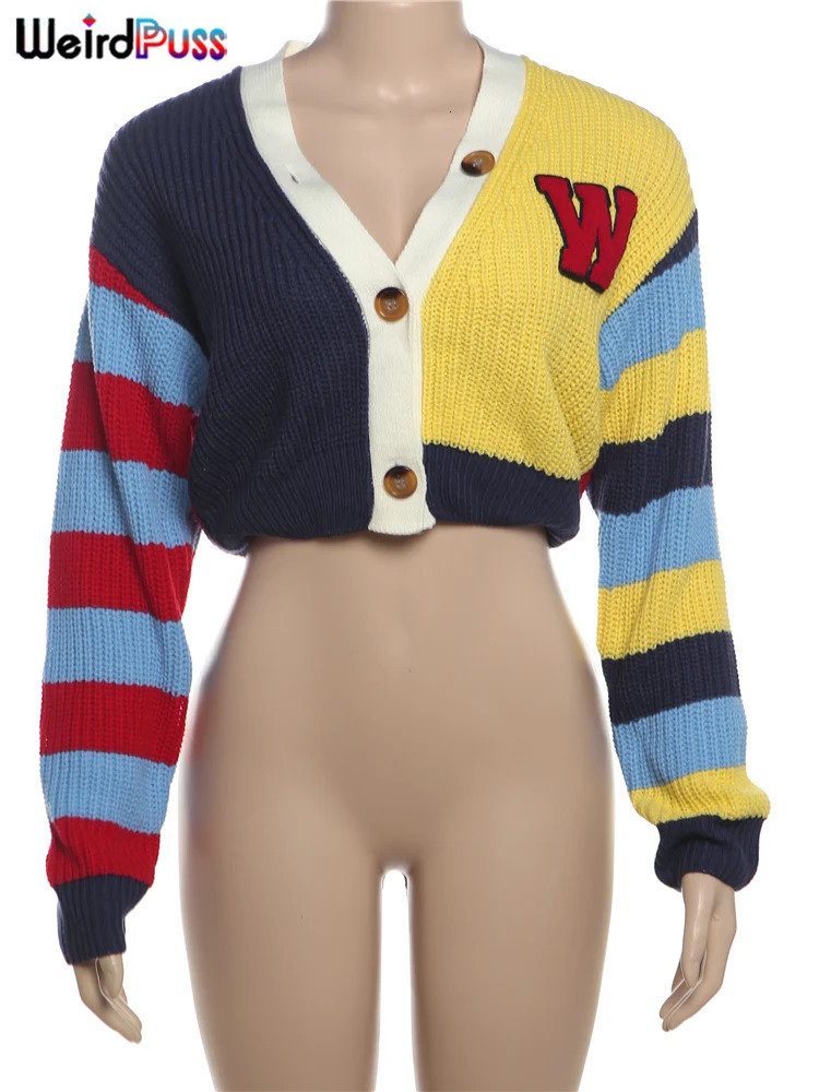 Weird Puss Y2K Cardigan Sweater Women Letter Print Casual Wild VNeck Button Colorful Patchwork Street Trend Hipster Knit Coat 241009