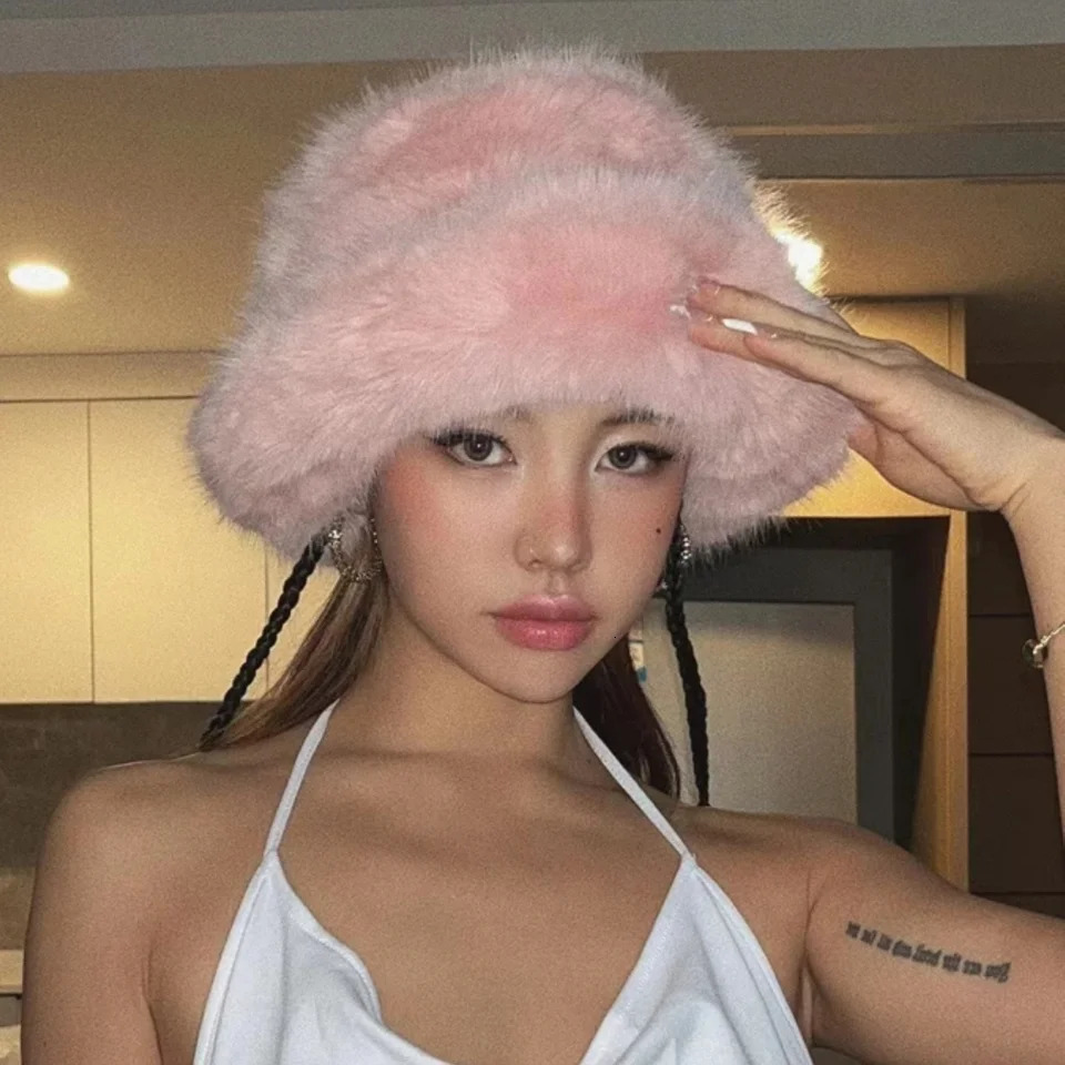58-60cm Xl fashionable faux fur bucket hat for women in winter warm and large faux fur fluffy plush fisherman hat for outdoor skiing in Panama 241014 - view 3