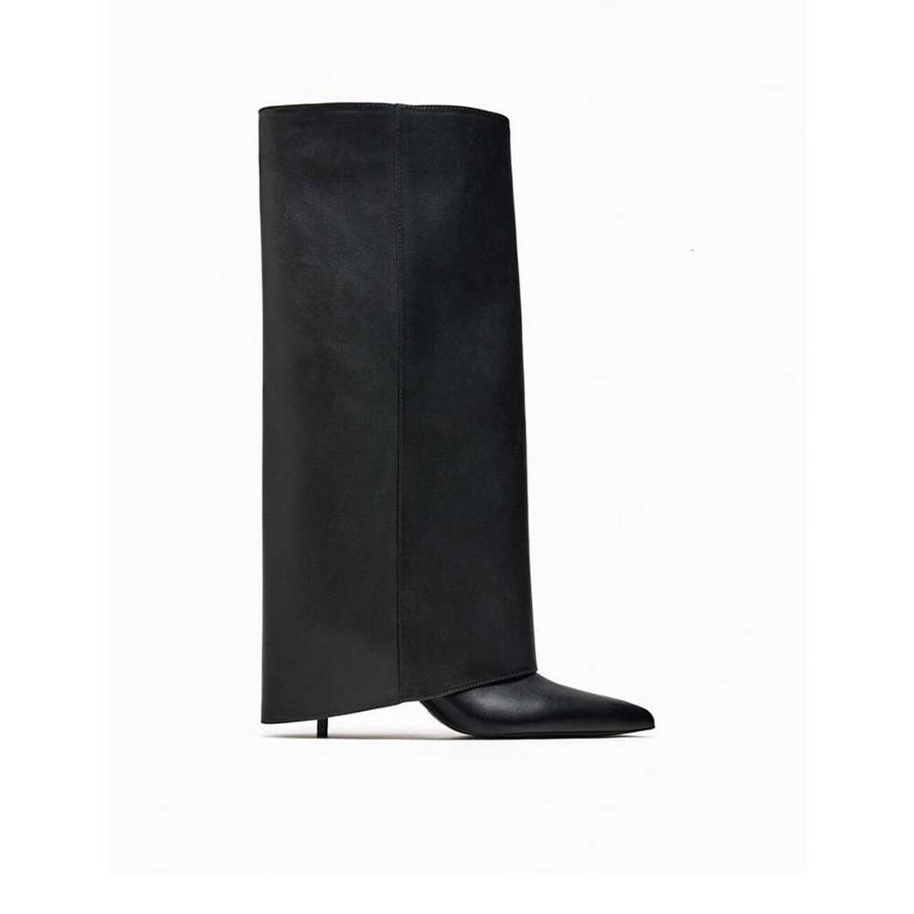 Autumn Winter Black Leather Knee High Ins Funky Slip On Trouser Boots Pointed Toe Kitten Heels Stretch Shoes Women