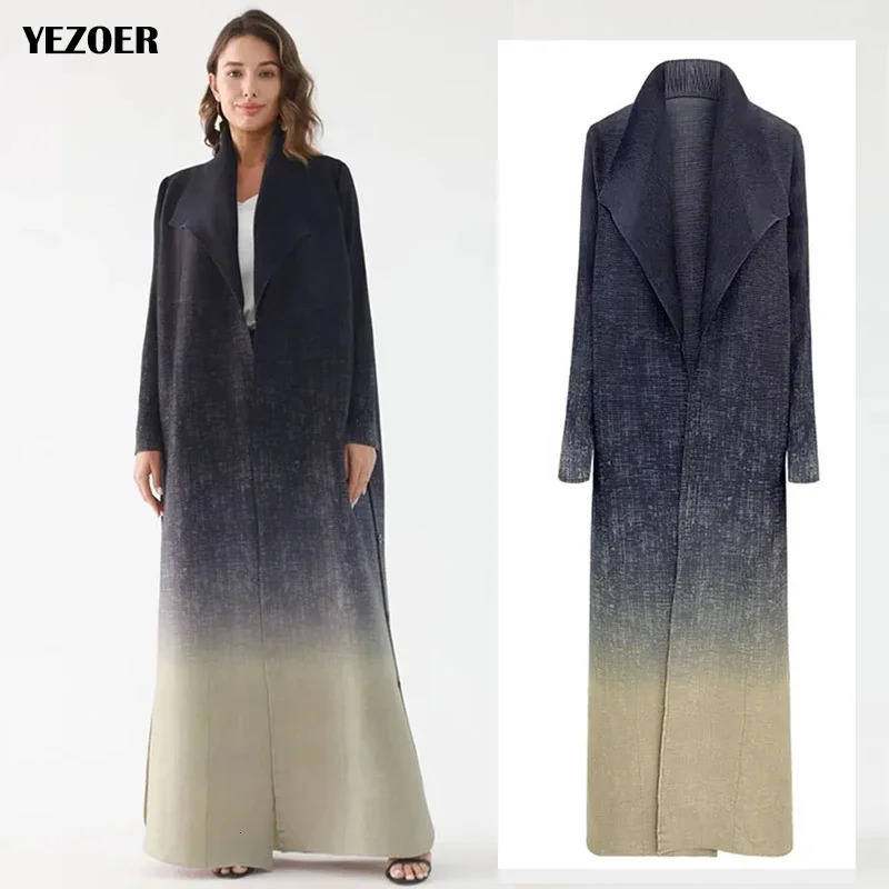 Miyake Pleated Printed Women Trench Coat Retro Loose Large Size Cardigan Long Dress 2024 Female Robe 241010