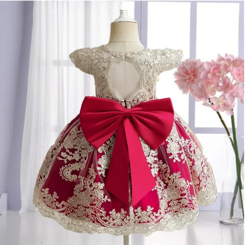 Elegant Girls Dress Golden Vintage Formal Gown Princess Embroidery Dresses for Girl Baby Wedding Baptism Party Lace Dress 241014