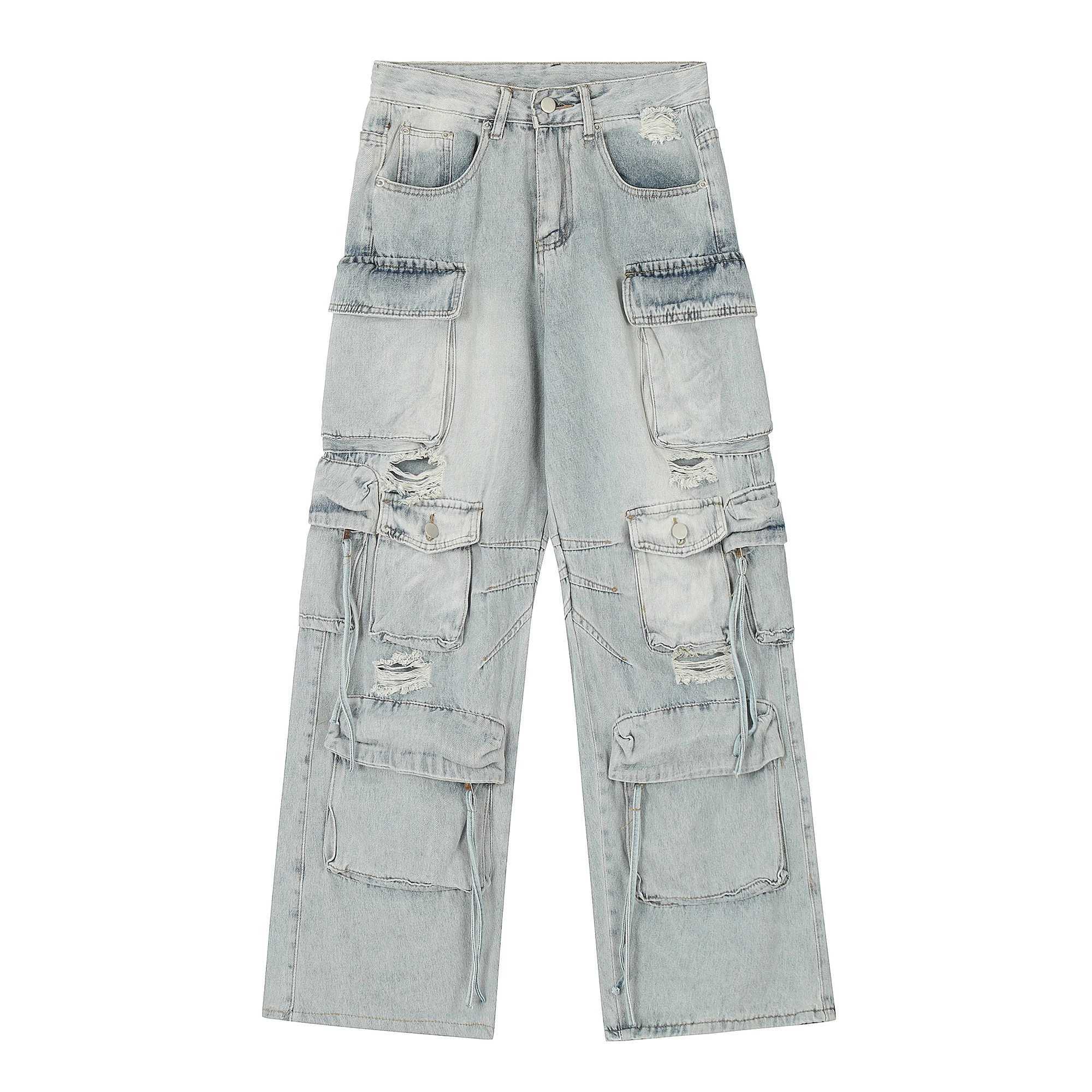 Multi Pocket Cargo Jeans Hip Hop Streetwear Pants for Men Distressed Ripped Baggy Jeans Dropshipping X250220