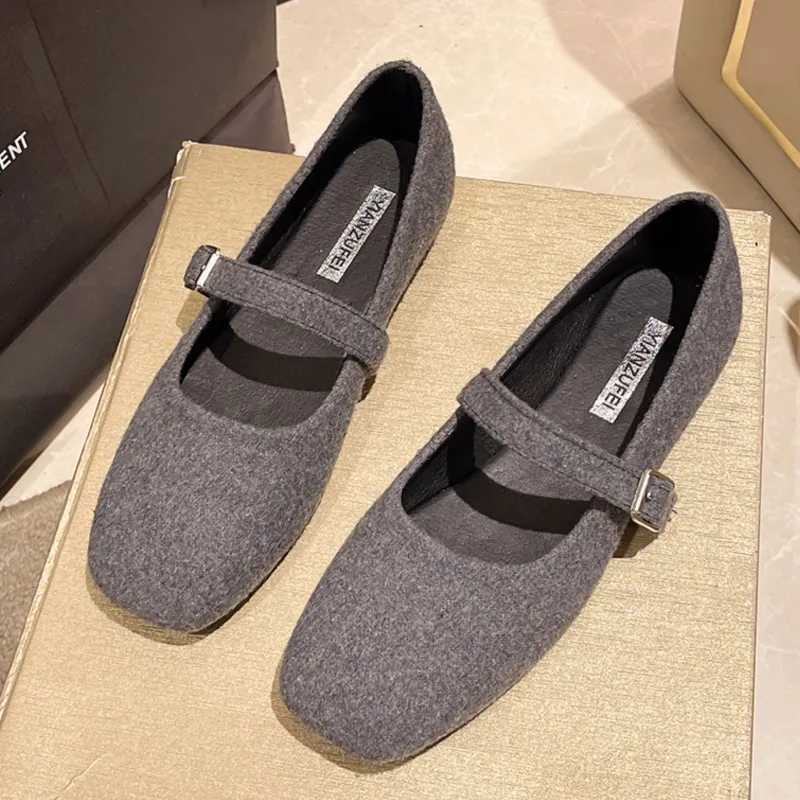 Womens Felt Mary Janes Shoes Square Toe Ballet Flats for Female New Fashion Buckle Strap Ladies Shoes Spring Autumn 1772CLX241014