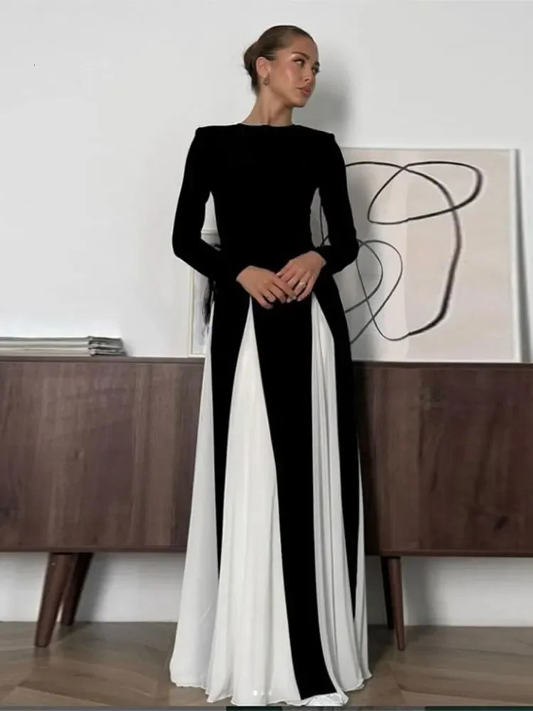 Elegant Black White Patchwork Maxi Dresse Fashion Oneck Long Sleeves Slim Dress Female Evening Party Robes 241009