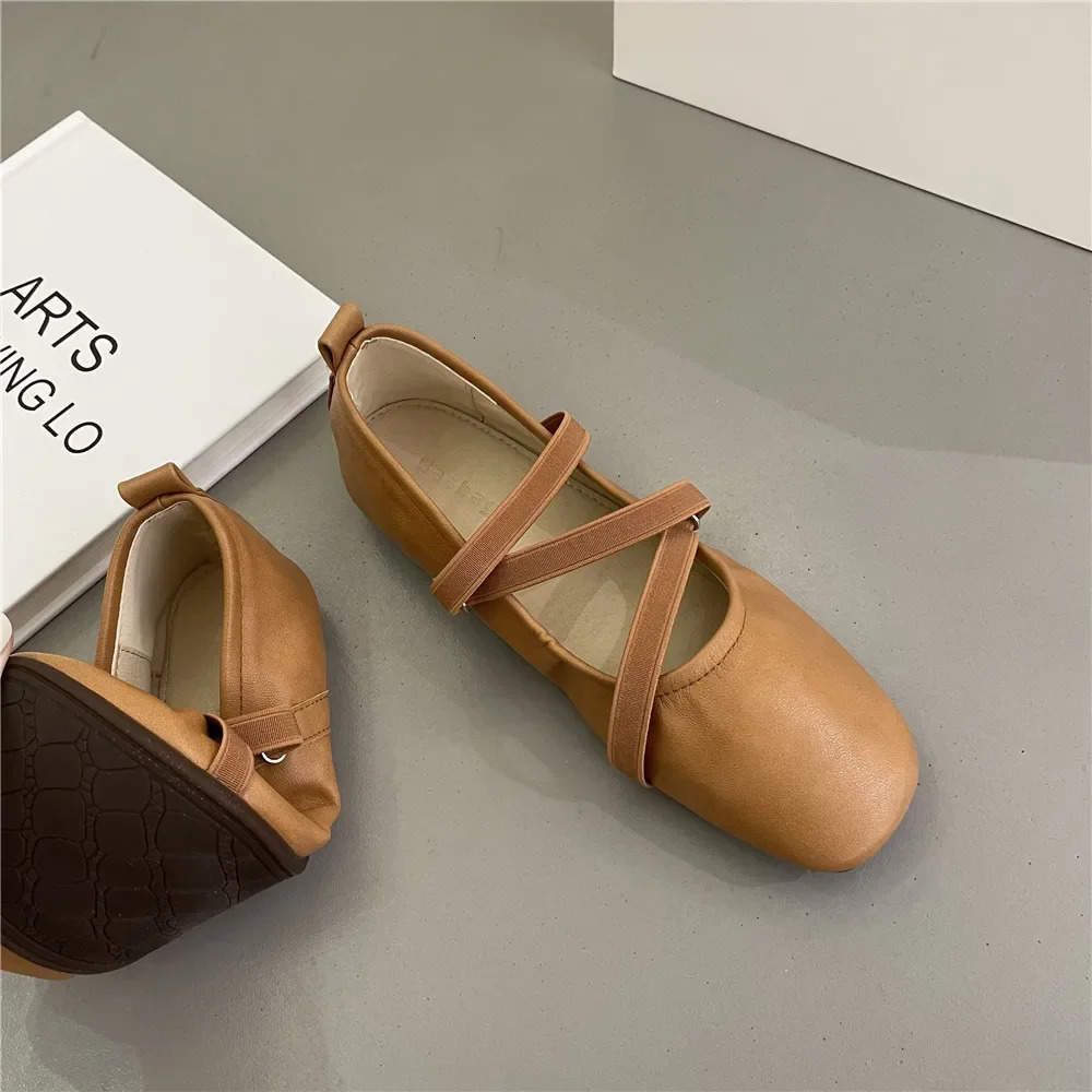 Ballet Flat Women Comfy Leather Woman Square Toe Thin Strap Mary Janes Ladies Retro New Casual Shoes 241014