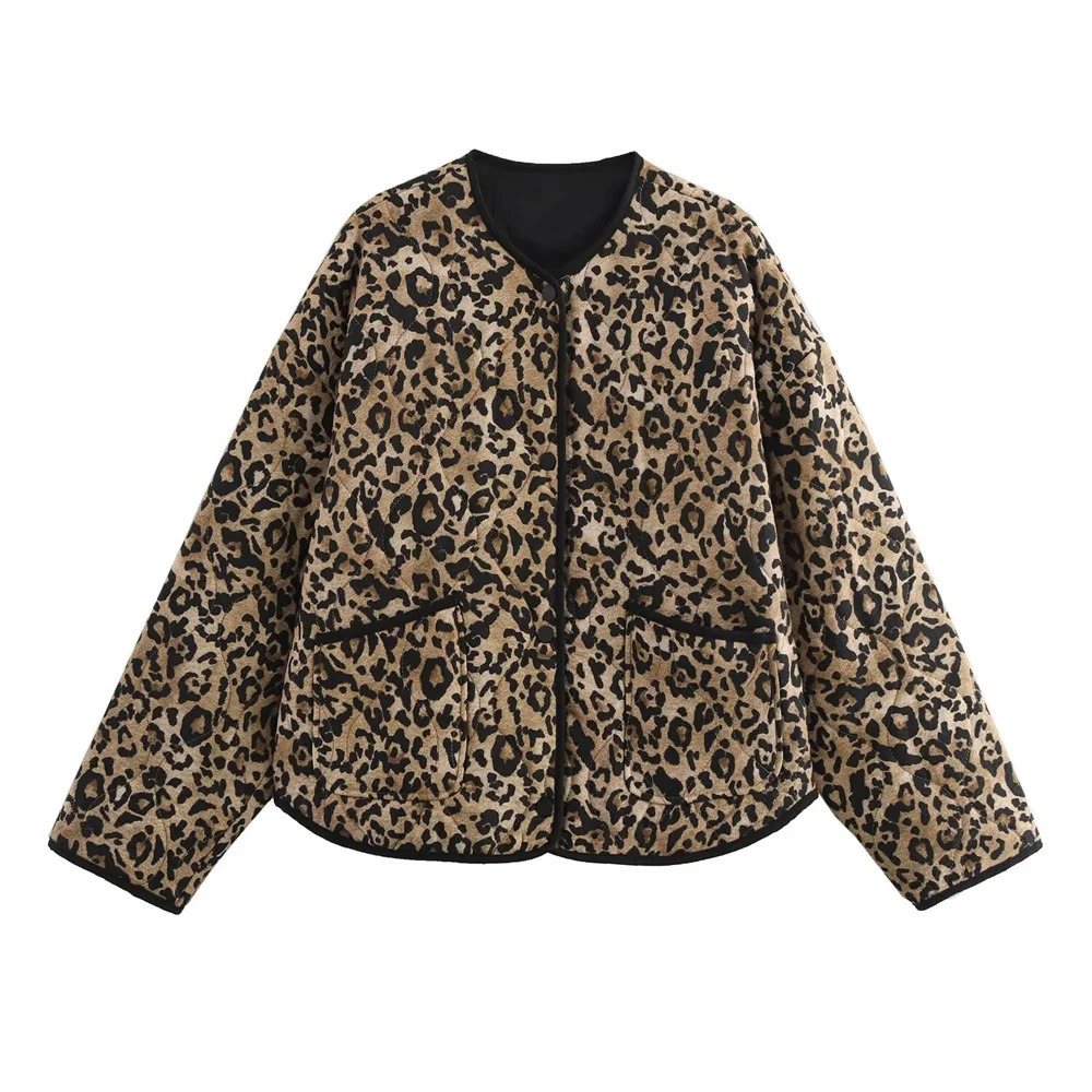 PB ZA 2024 early autumn womens fashion animal print round neck long sleeve singlebreasted cotton jacket coat 241011