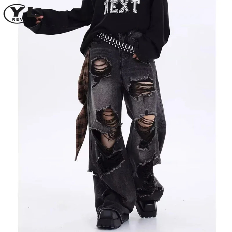 Baggy Hole Jeans Man Woman American Vintage Black High Waist Denim Pants Hip Hop Gothic Unisex Spring Autumn Wide Leg Trousers 241011