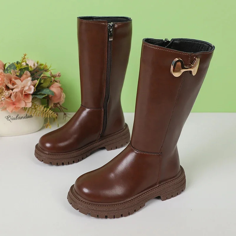 Girls Long Boots Black Fashion Kids Leather High Boots Autumn Winter Fashion Warm Fur Children Motorcycle Boots Classic 241014