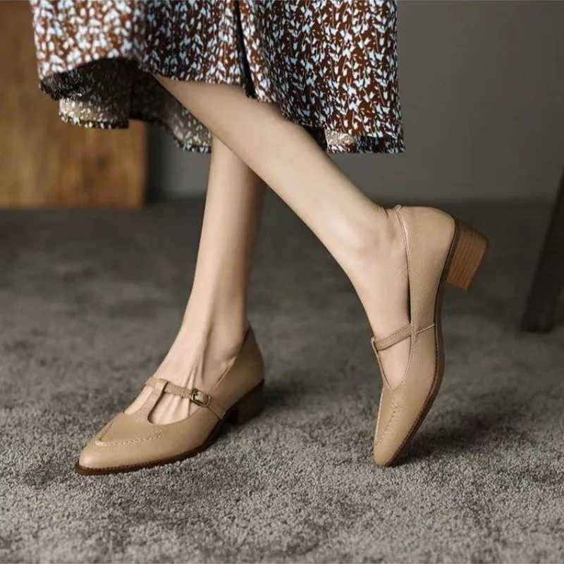 Women Leather High heeled Sandals Summer New Fashion Pointed Toe Thick Heel Women Elegant Shallow Ladies Office LoafersLX241014