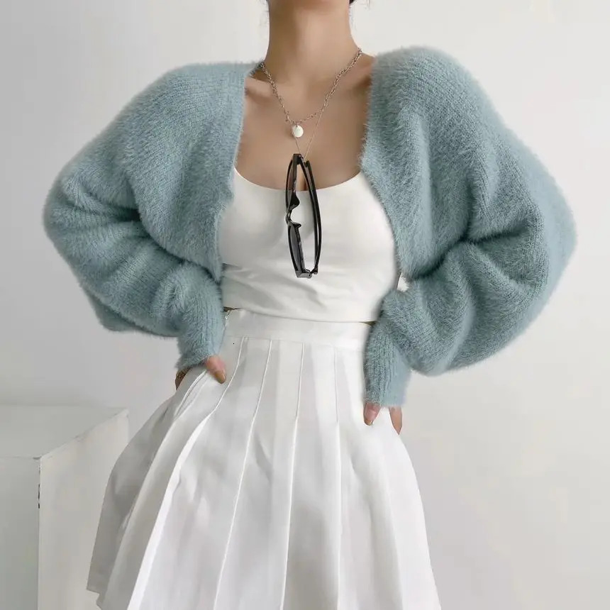 Fuzzy Bolero Shrug for Women Mohair Knit Long Sleeve Open Front Plain Cropped Cardigan Sweater Teengirl Y2K 90s Outfit 241011