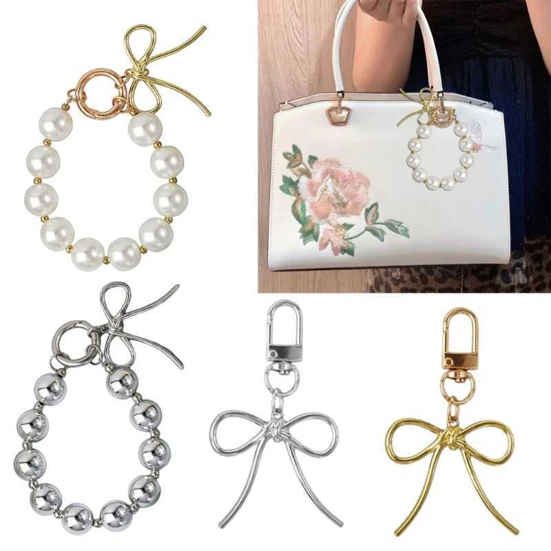 652F exquisite keychain with bead bow mobile phone charm unique keybag pendant used for car keys wallets backpacks wallets Y241014