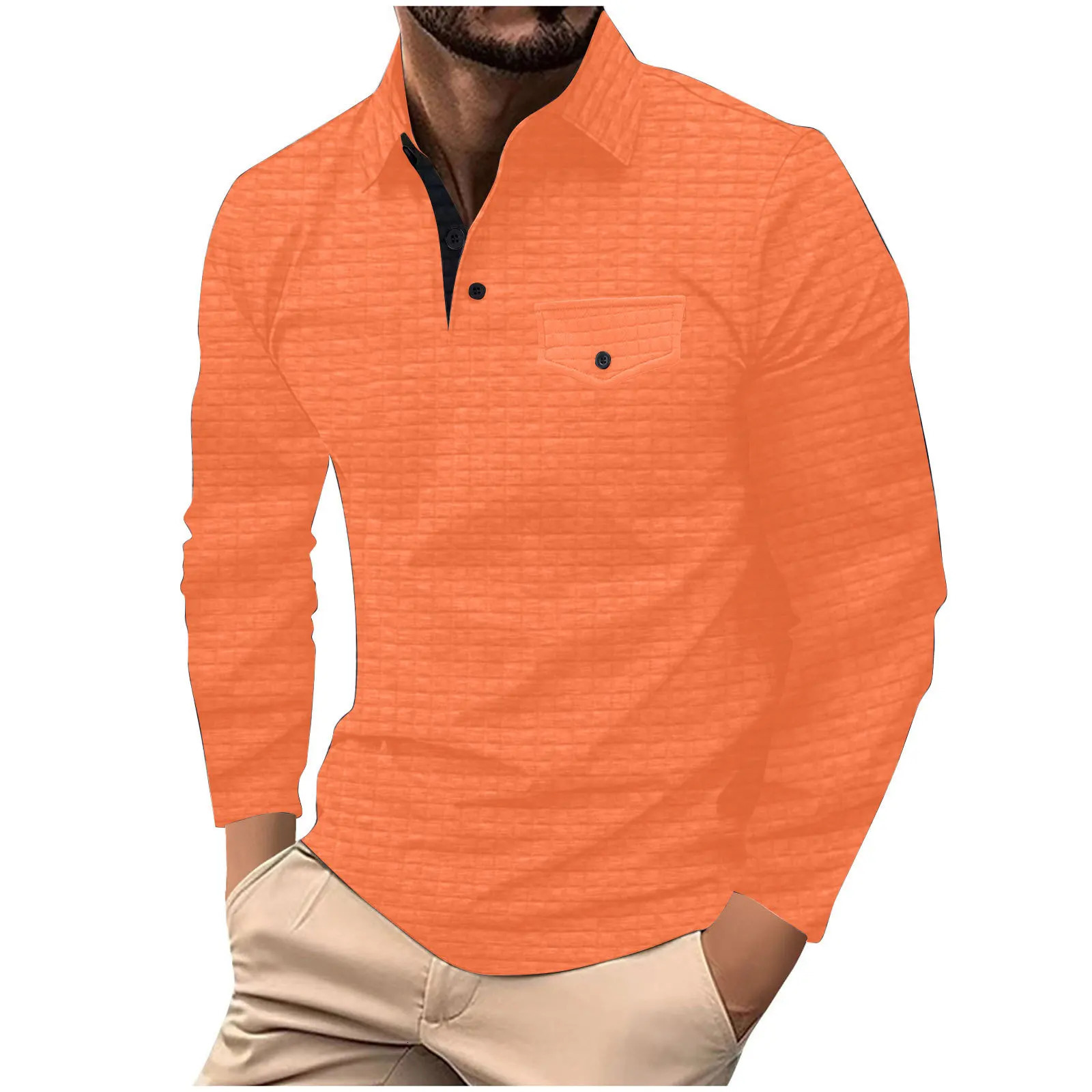 Mens POLO shirt Spring and Autumn style Plaid solid color Daily home Outdoor sports Leisure street Fashion Long-sleeved Top 241010