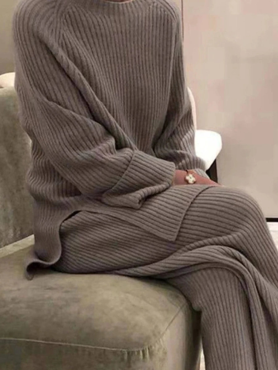 LW Plus size ribbed knitted side split pants set wide leg pants set drag sweater set long pants set 240930