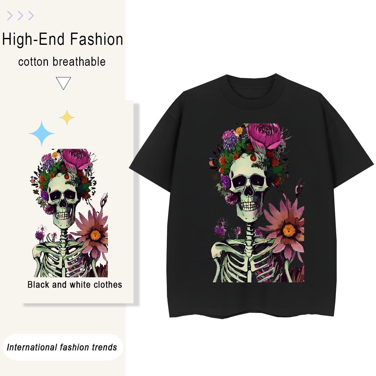 Casual New T-Shirts 230g Pure Cotton Breathable Short Sleeve Sports Casual skull Woman Tshirt Loose Customized Tshirts