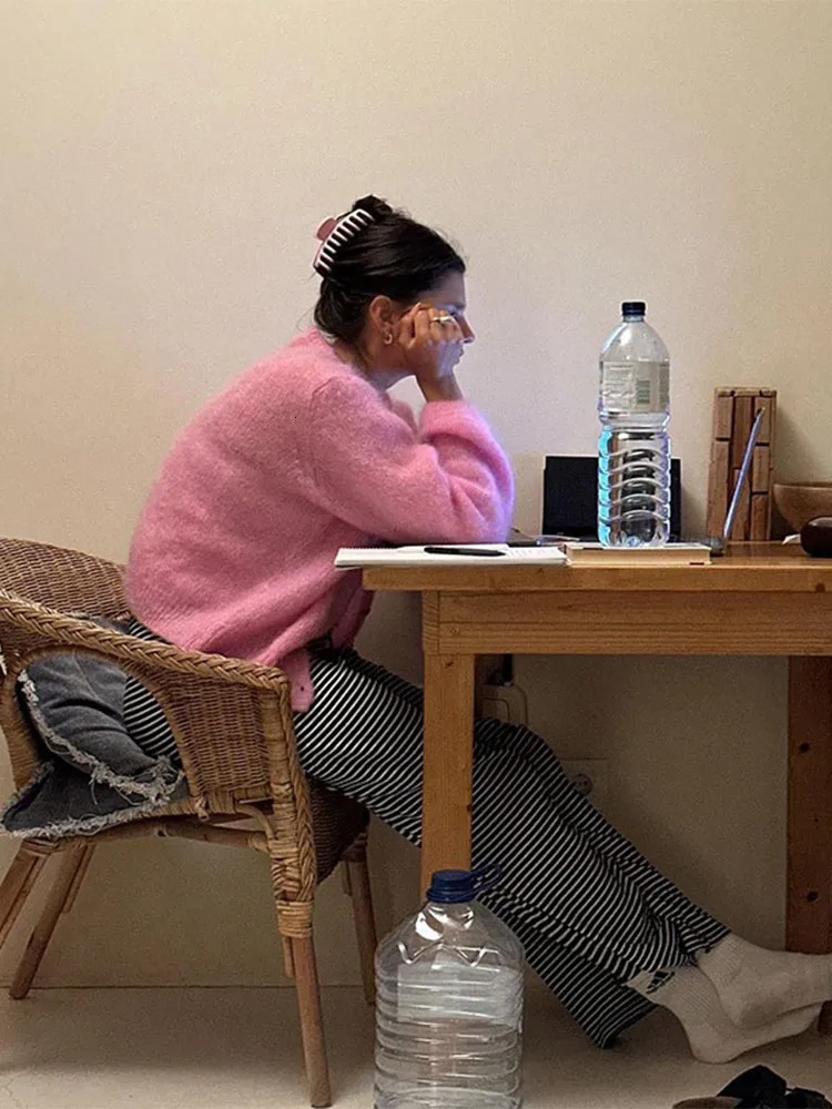 Women Sweet Elegant Mohair Knitted Cardigans Chic O Neck Single Breasted Long Sleeves Sweater 2024 Autumn Female Fashion Jumpers 241009