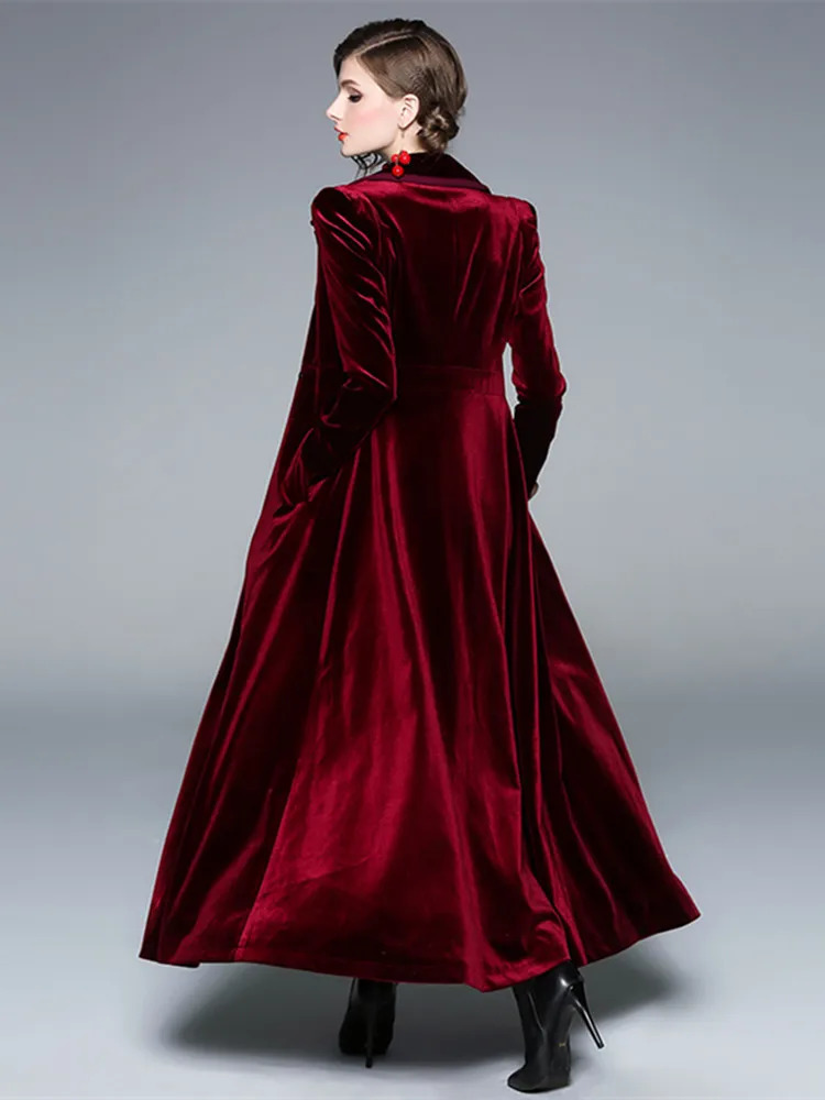 Winter Runway Women Vintage Notched Collar Wrap Black Velvet Maxi Overcoat Thick Warm Pocket Long Trench Coat Outwear 241010
