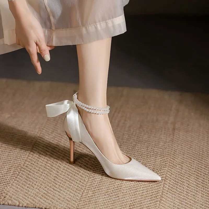 Elegant Ladies White Pearls Ankle Strap Pumps for Wedding Women Silk Back Bowtie High Stiletto Heeled Shoes Woman Spring 2023LX241014