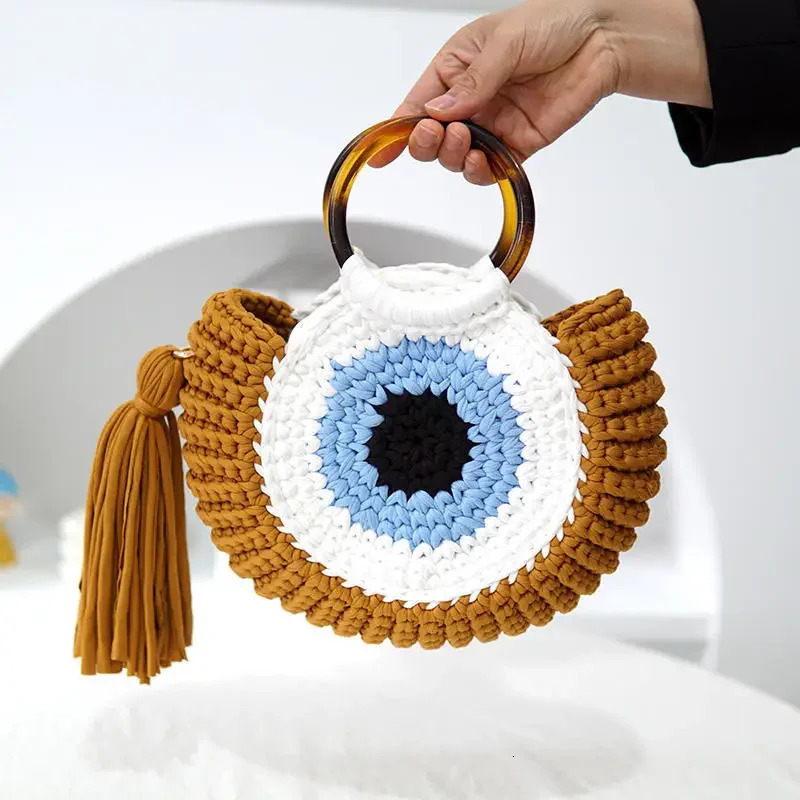 Rope crochet handbag tassel eye circular handle clutch womens handmade knitted yarn beach bag shoulder 241014