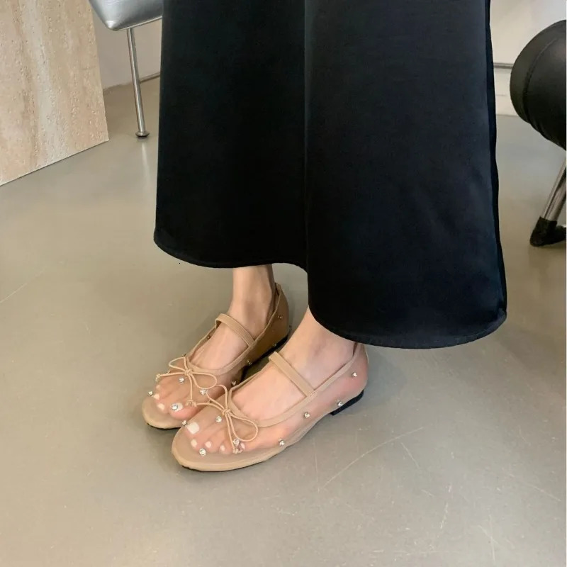 Rhie Mesh Breathable Shallow New Mouth Single Flat Bow Ballet Mary Jane Womens Shoes 241014