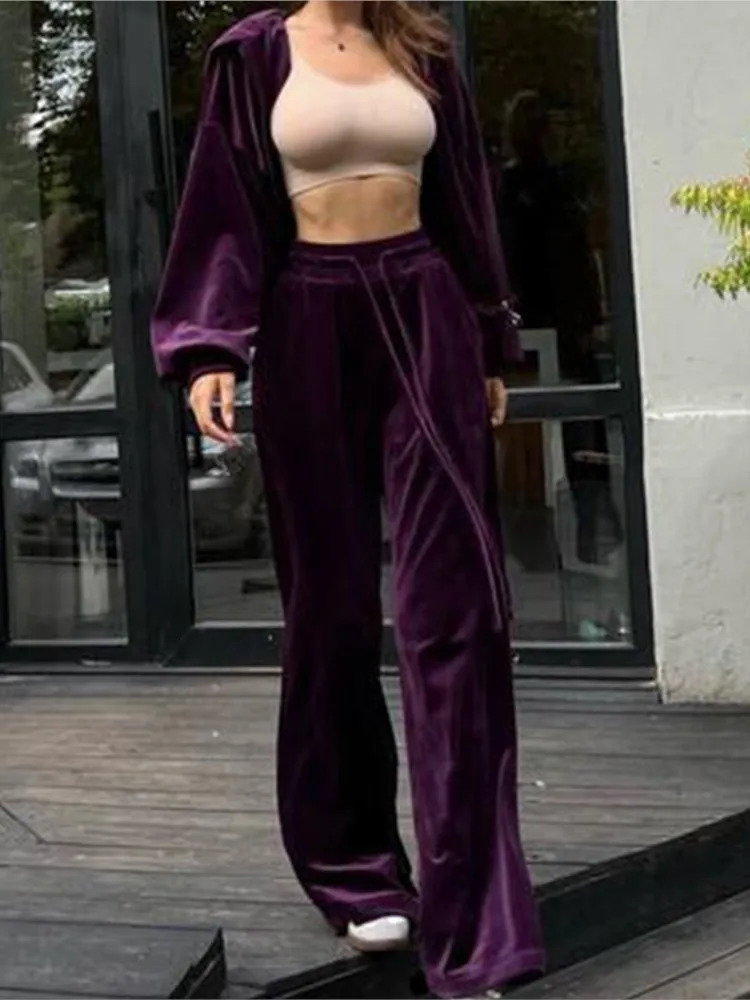 Solid Color Velvet Pants Sets Women Fashion Zipper Hoodie High Waist Drawstring Trousers Two Piece Set Female Autumn Winter 241008