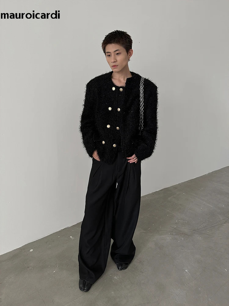 Mauroicardi Spring Autumn Elegant Chic Stylish Soft Woolen Jacket Men Shoulder Pads Double Breasted Clothes 2024 241011