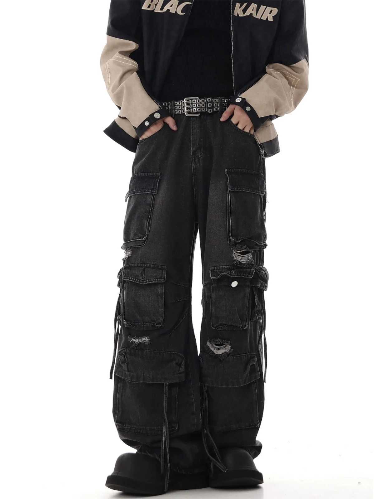 Multi Pocket Cargo Jeans Hip Hop Streetwear Pants for Men Distressed Ripped Baggy Jeans Dropshipping X250220